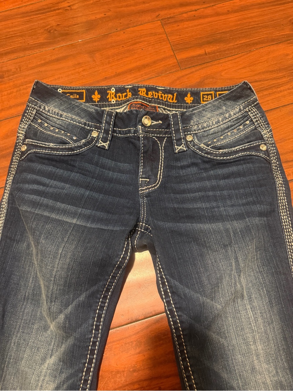 Rock Revival Indigo Boot Cut Jeans with White Contrast Stitching - Picture 6 of 13